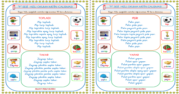 1. Sınıf İlk Okuma Yazma P-p Sesi Hızlı Okuma Metin Çalışması