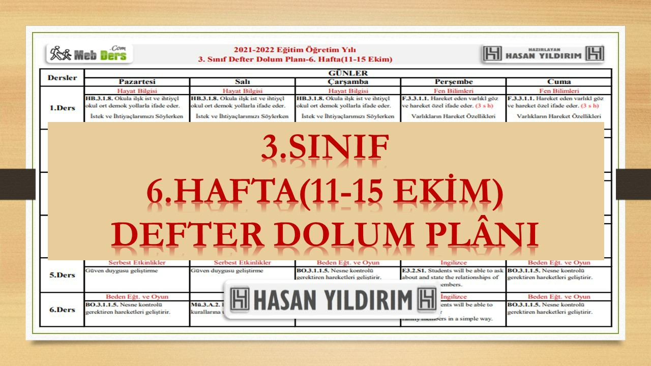 3.Sınıf 6.Hafta(11-15 Ekim) Defter Dolum Planı