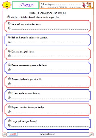 2. Sınıf Türkçe Kurallı Cümle Oluşturma Etkinliği