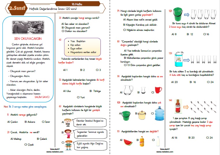 2.Sınıf Haftalık Değerlendirme Testi - 16.Hafta  (02-06 Ocak)