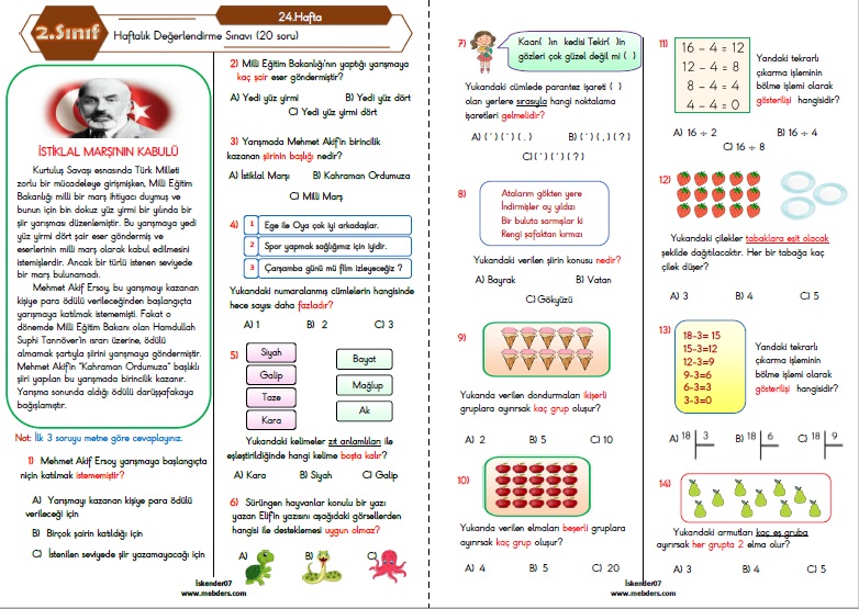 2.Sınıf Haftalık Değerlendirme Testi - 24.Hafta (07-11 Mart)