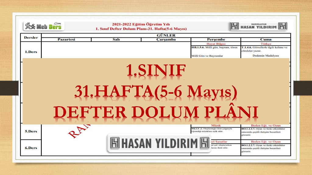 1.Sınıf 31.Hafta(5-6 Mayıs) Defter Dolum Planı