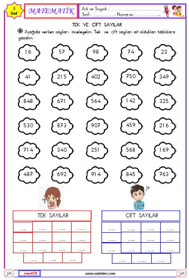 3. Sınıf Matematik Tek ve Çift Sayılar  Etkinliği 2