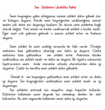 3.Sınıf Fen Bilimleri Ses  Şiddetinin Uzaklıkla İlişkisi  Konu Özeti