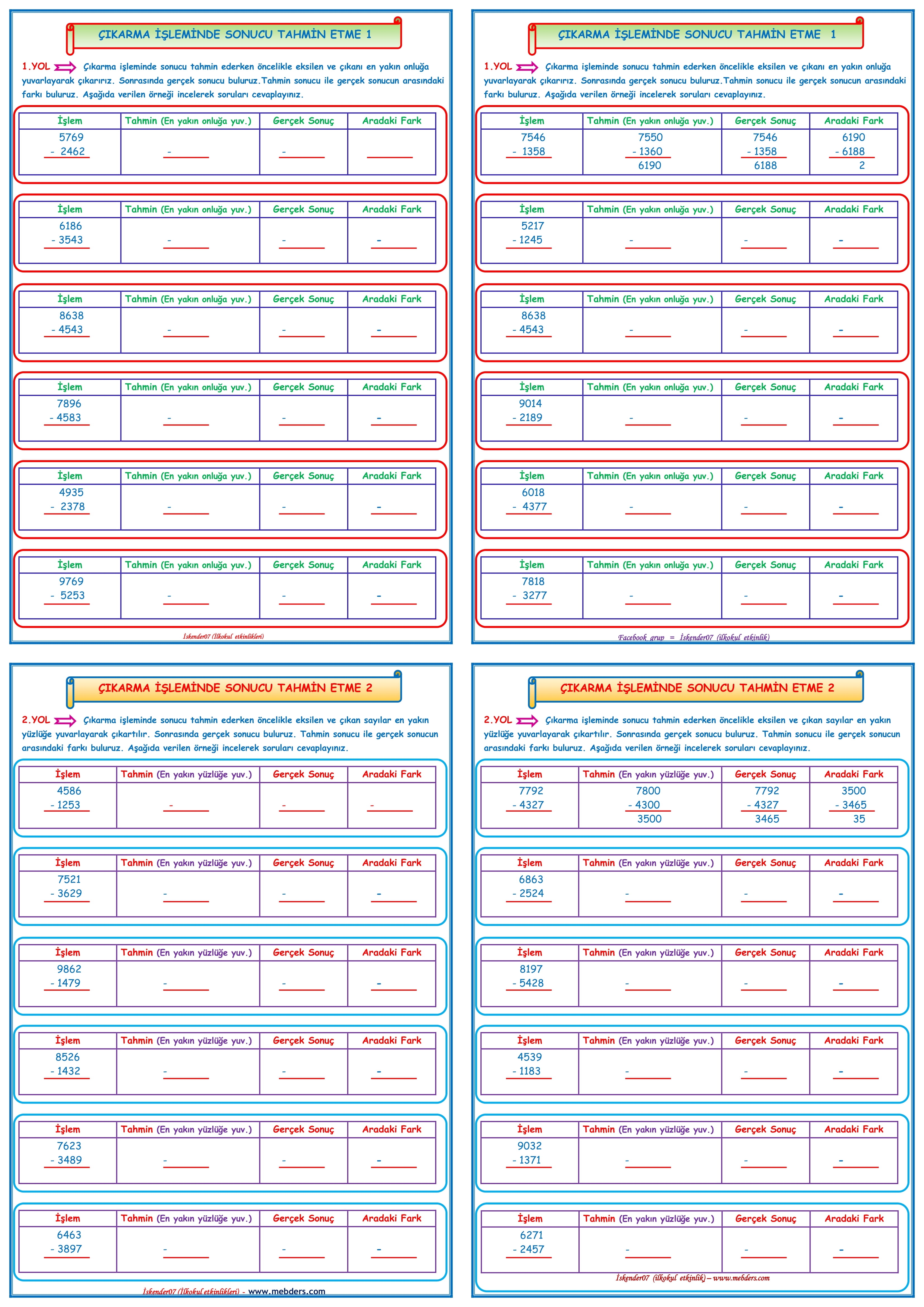 4.Sınıf Matematik Çıkarma İşleminde Sonucu Tahmin Etme ( 4 sayfa )