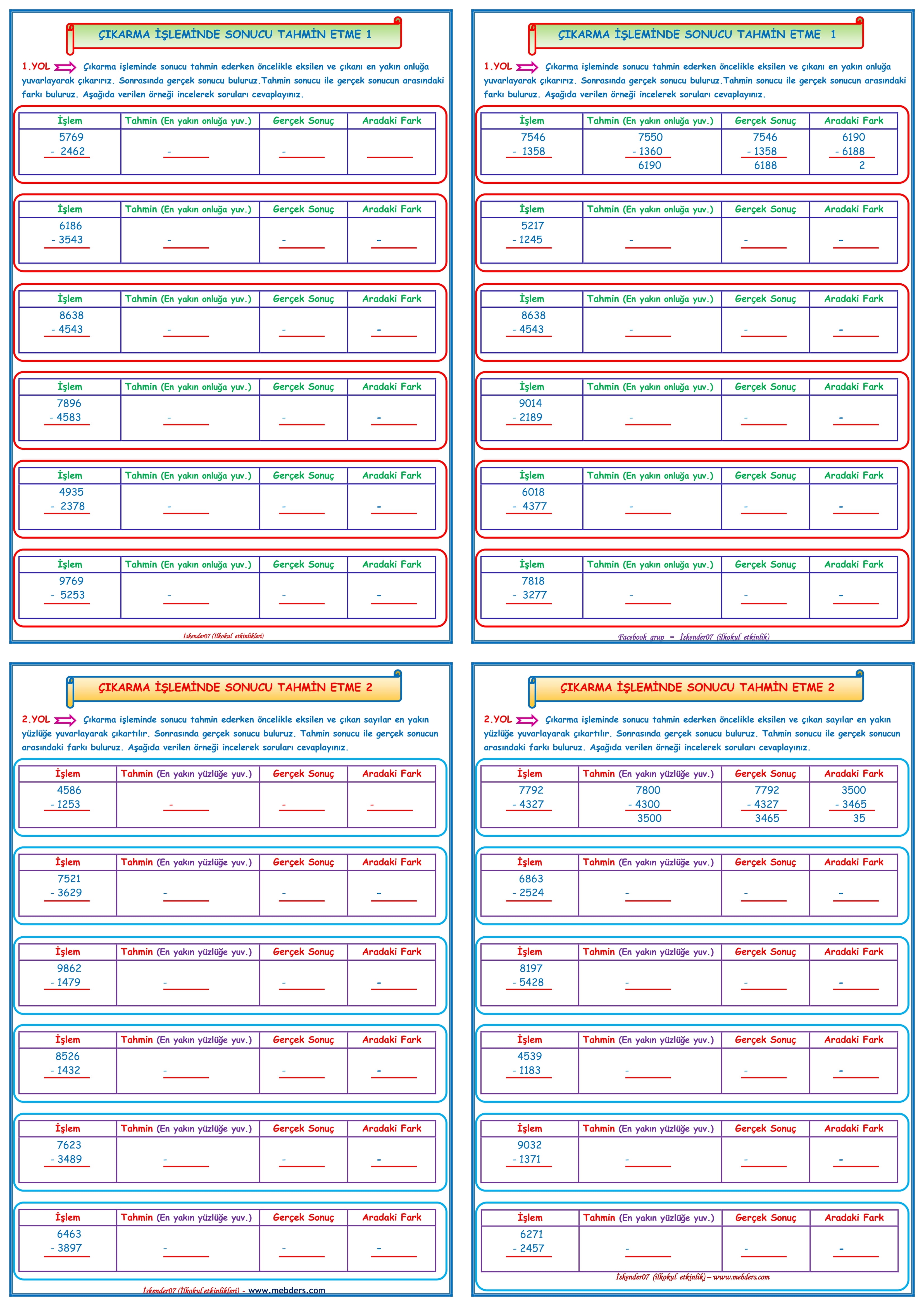 4.Sınıf Matematik Çıkarma İşleminde Sonucu Tahmin Etme ( 4 sayfa )