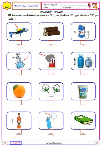 3. Sınıf Fen Bilimleri Maddenin Halleri Etkinliği 1