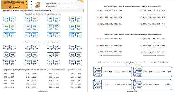 3.Sınıf Matematik Doğal Sayıları Karşılaştıralım ve Sıralayalım Etkinliği 2
