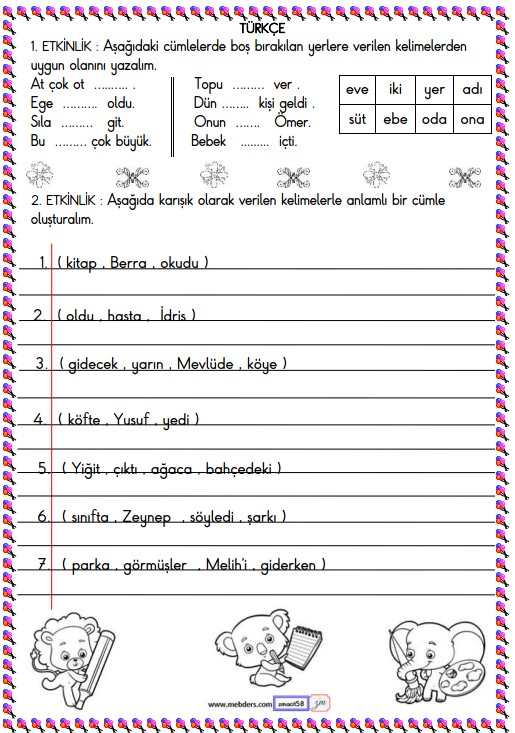 1. Sınıf Türkçe Boşluk Doldurma ve Cümle Oluşturma Etkinliği 2