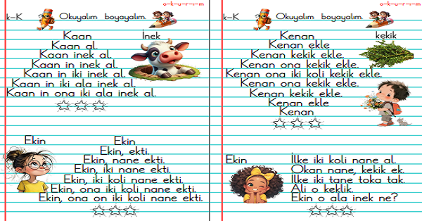 1. Sınıf İlk Okuma Yazma K-k Sesi Hızlı Okuma Metinleri