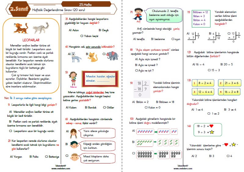 2.Sınıf Haftalık Değerlendirme Testi - 25.Hafta (14-18 Mart)