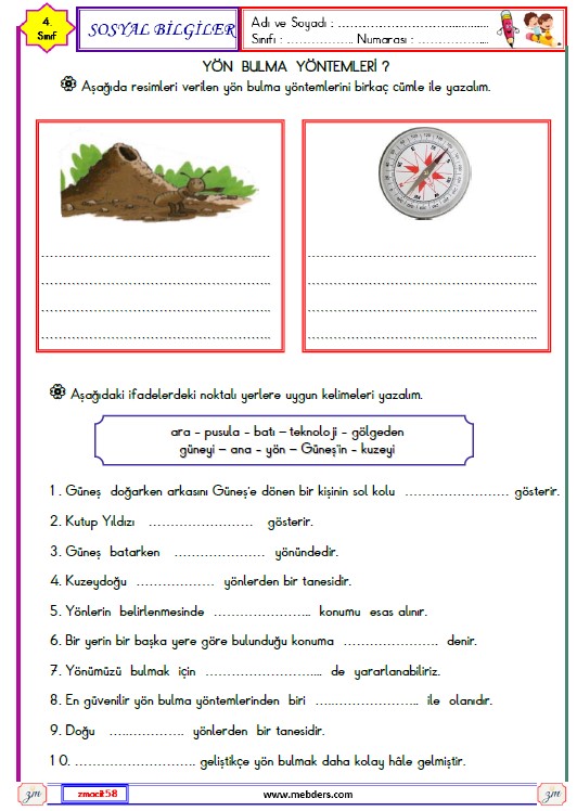 4. Sınıf Sosyal Bilgiler Yön Bulma Yöntemleri Etkinliği