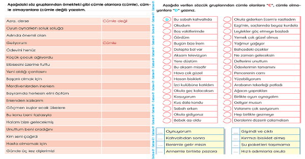 3. Sınıf Türkçe Cümle Mi - Cümle Değil Mi 1