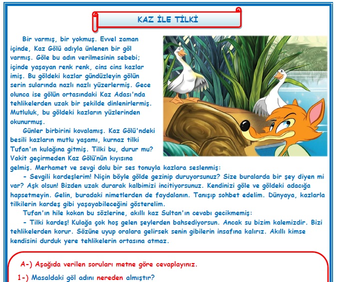 2.Sınıf Türkçe Kaz ile Tilki Okuma Anlama Metin Çalışması