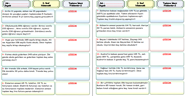 3.Sınıf Matematik Toplama İşlemi Problemleri-2