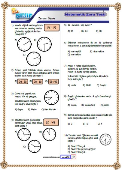 2. Sınıf Matematik Zamanı Ölçme Kazanım Testi ( Zoru )