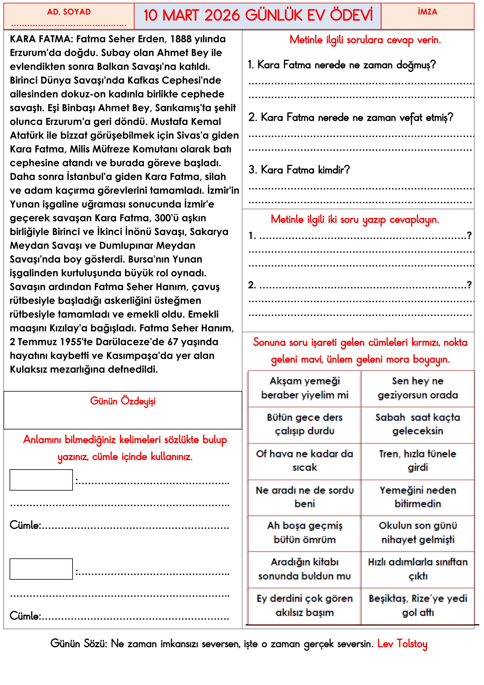 3.Sınıf - 10 Mart 2026 Günlük Ev Ödevleri