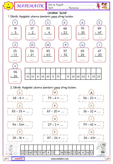 2. Sınıf Matematik Onluk Bozmadan Çıkarma İşlemi Etkinliği 2