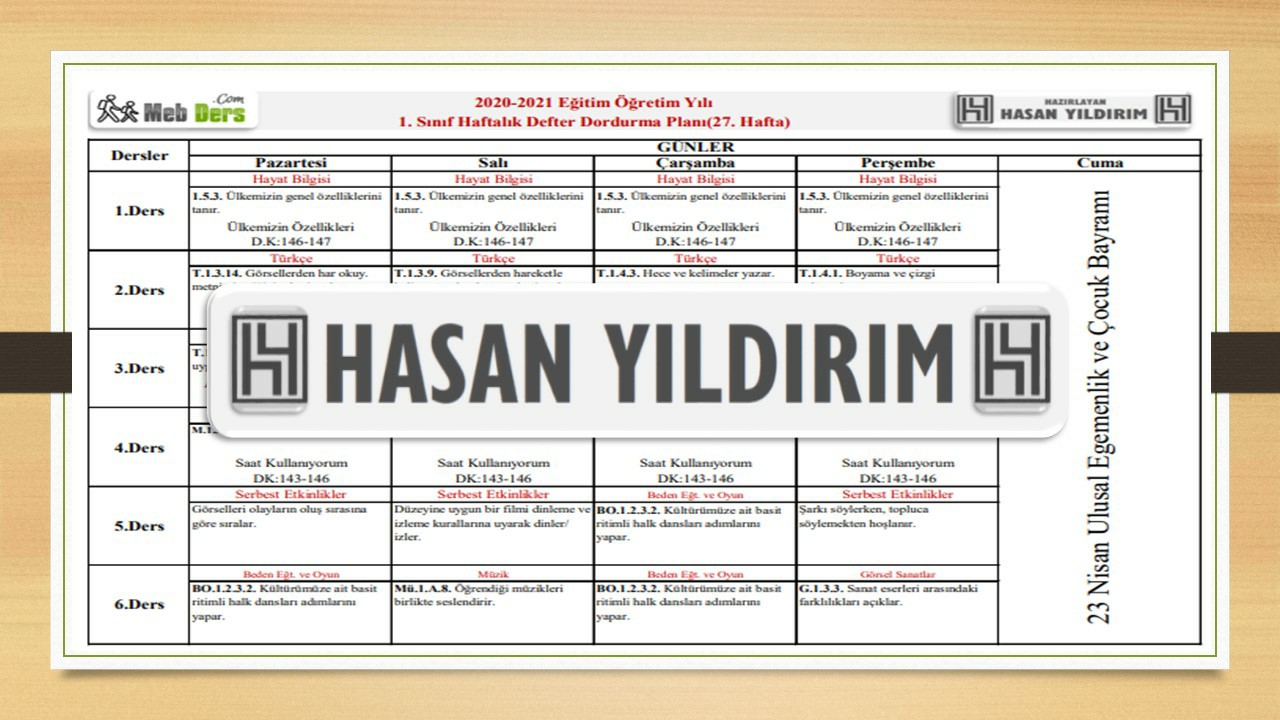 1.Sınıf 27.Hafta(19-22 Nisan) Defter Dolum Planı