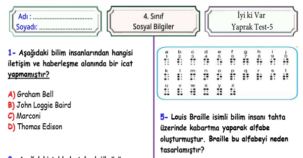 4.Sınıf Sosyal Bilgiler İyi ki Var Ünitesi Yaprak Test 5