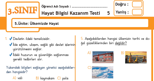 3.Sınıf Hayat Bilgisi Kazanım Testi - 5.Ünite - Ülkemizde Hayat