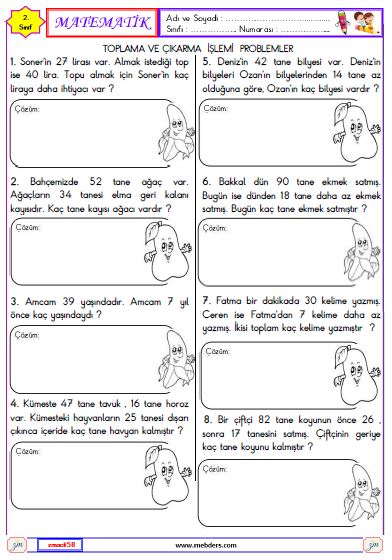 2. Sınıf Matematik Toplama ve Çıkarma İşlemi ile İlgili Problemler Etkinliği 2