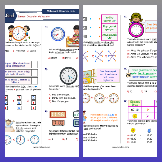 3. Sınıf Matematik Zamanı Okuyalım ve Yazalım Kazanım Testi