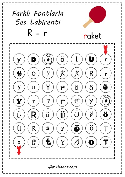 Farklı fontlarla ses labirenti - r sesi