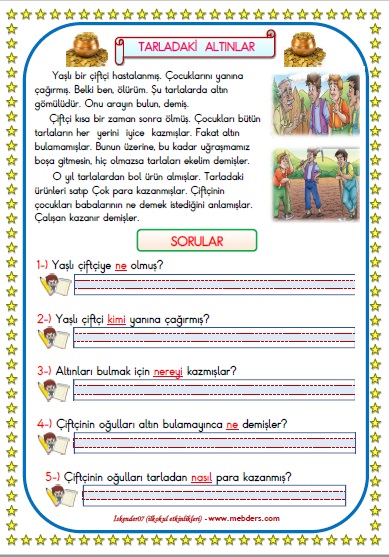 1.Sınıf Türkçe  Tarladaki Altınlar  Okuma Anlama Metin Çalışması  15