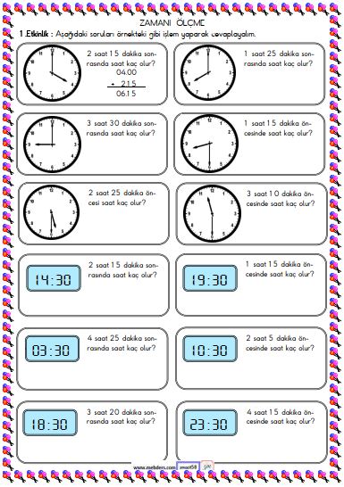 2. Sınıf Matematik Zamanı Ölçme ve Saat Etkinliği 15