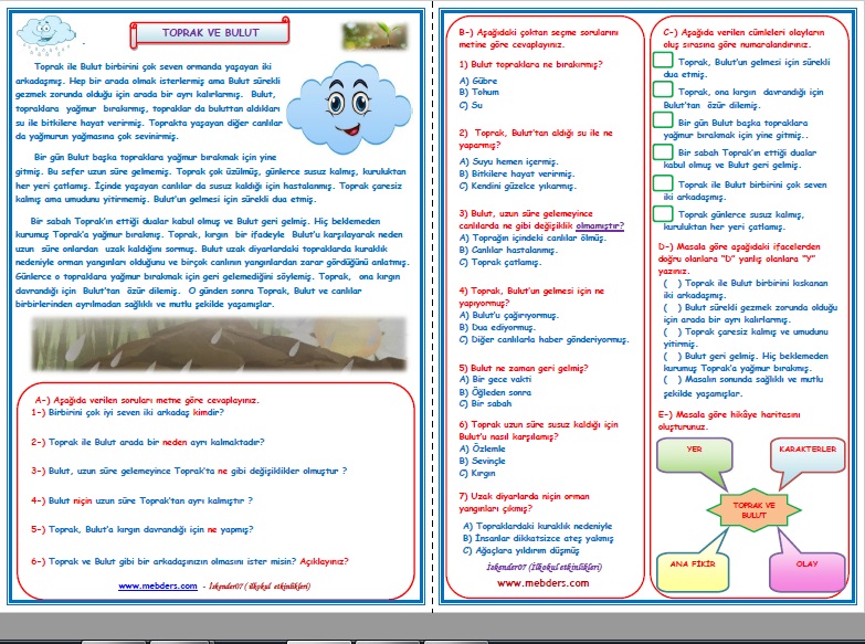 3.Sınıf Türkçe Toprak ile Bulut Okuma Anlama Çalışması  13