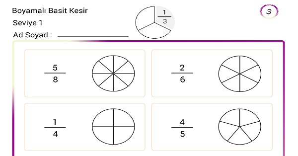 Boyamalı basit kesir etkinliği 3