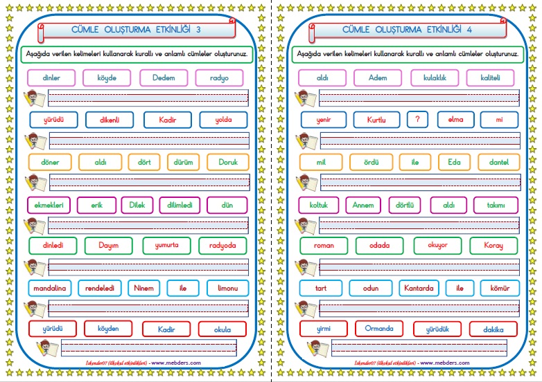 1.Sınıf İlkokuma Yazma Cümle Oluşturma Etkinliği 3-4   (2 Sayfa)