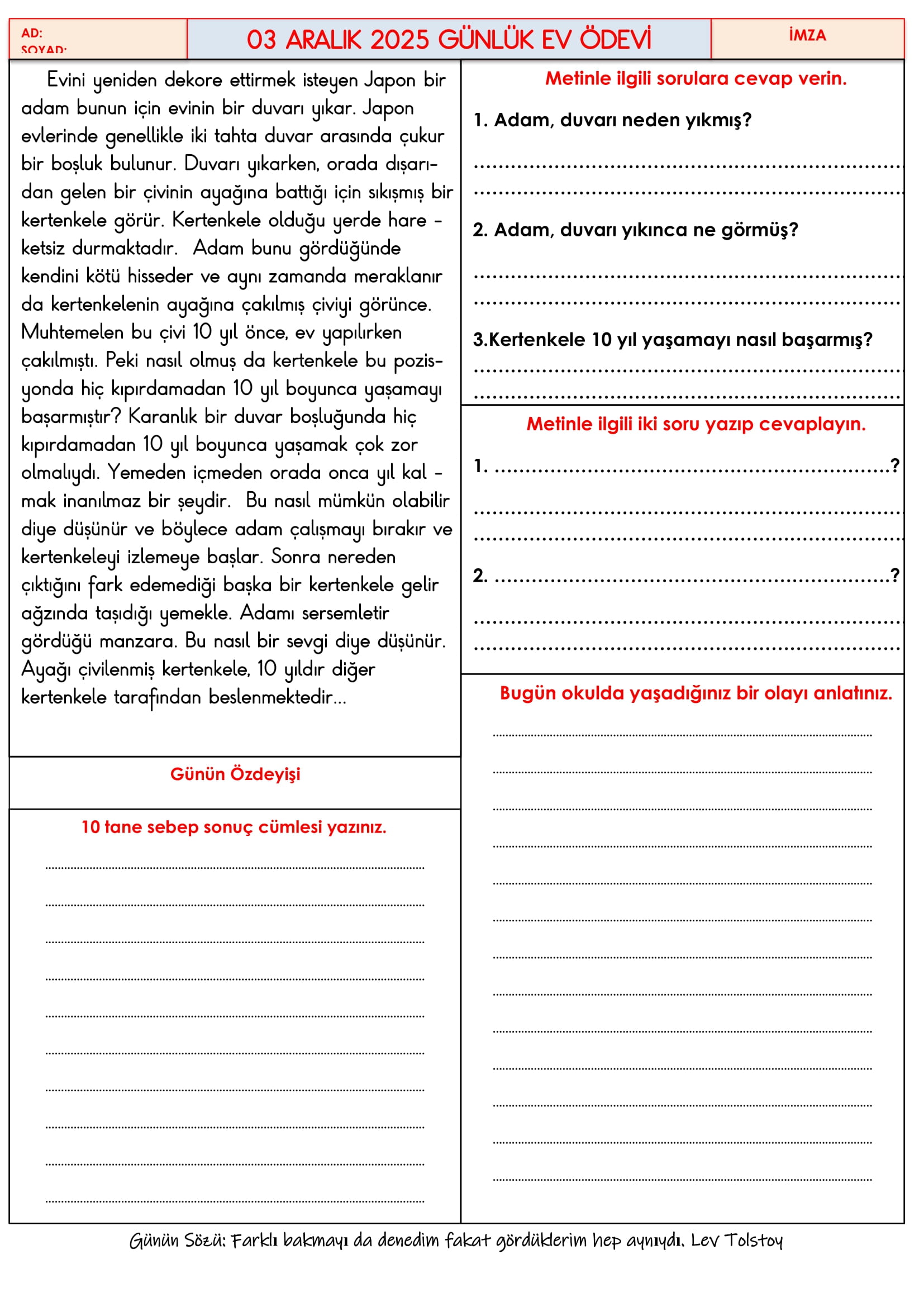 4.Sınıf - 03 Aralık 2025 Günlük Ev Ödevleri