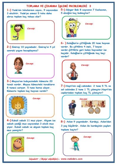 1.Sınıf Matematik Toplama ve Çıkarma İşlemi Problemleri  3