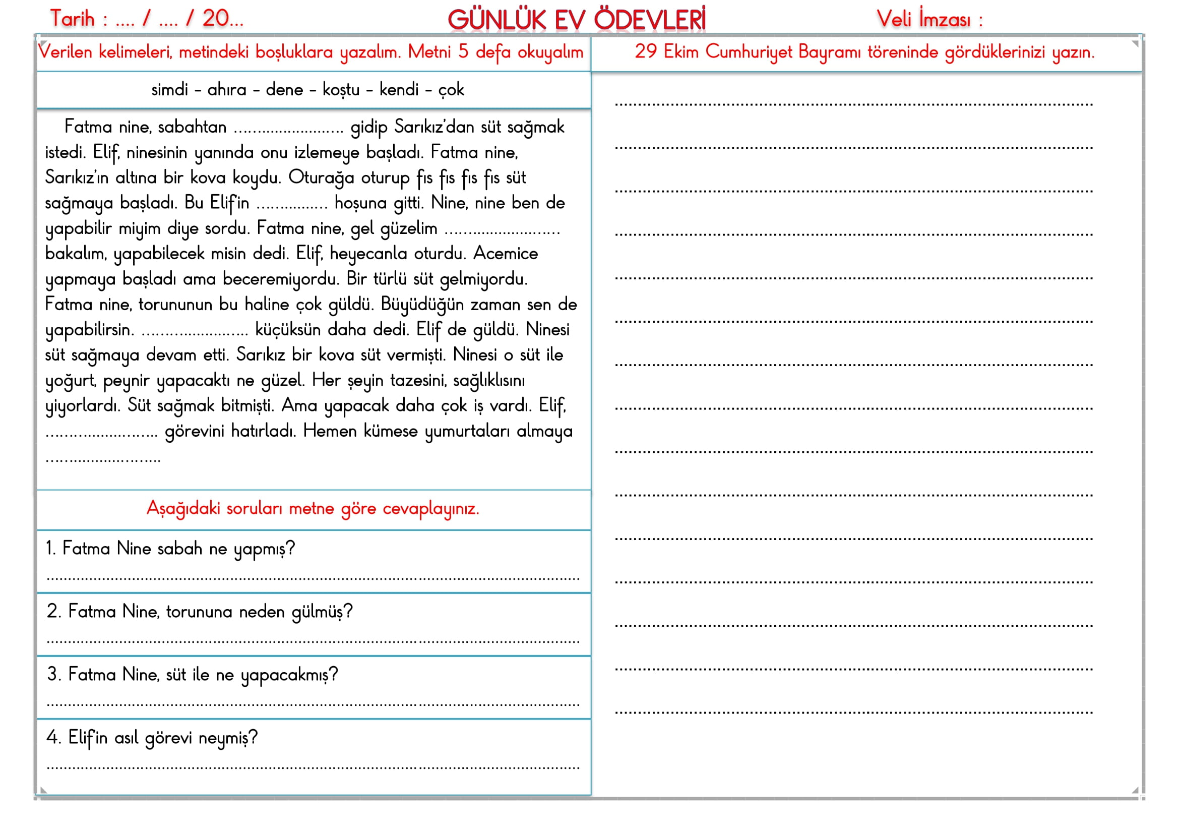 2.Sınıf - 31 Ekim 2025 Günlük Ev Ödevleri