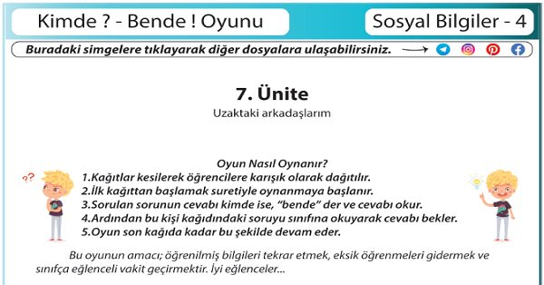 4.Sınıf Sosyal Bilgiler Kimde  Bende ! Oyunu (Uzaktaki Arkadaşlarım Ünitesi)