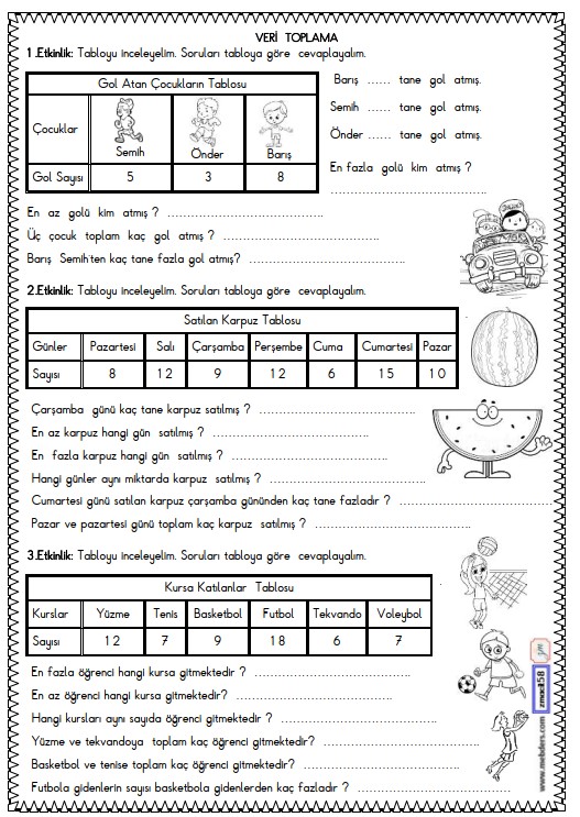 1. Sınıf Matematik Veri Toplama ve Değerlendirme Etkinliği 4