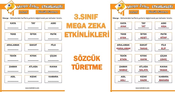 3.Sınıf Mega Zeka Etkinliği - Sözcük Türetme