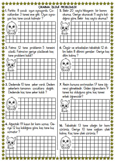 1. Sınıf Matematik Çıkarma İşlemi Problemleri Etkinliği 5