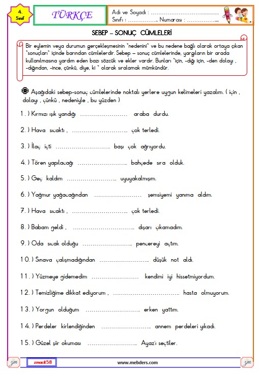 4. Sınıf Türkçe Sebep Sonuç Cümleleri Etkinliği 1