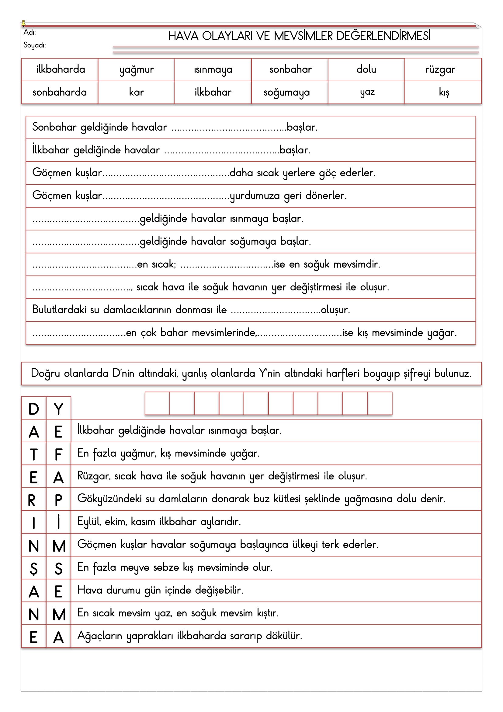 2.Sınıf - Hayat Bilgisi Hava Olayları ve Mevsimler Değerlendirmesi