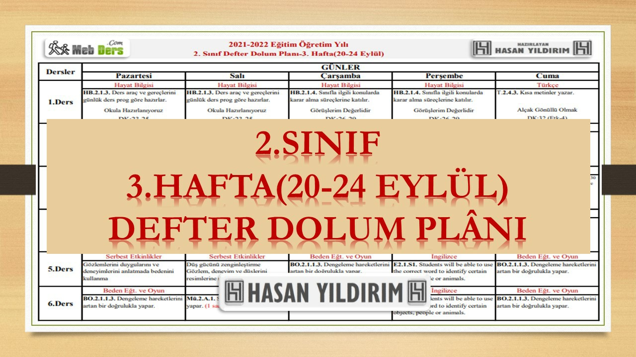 2.Sınıf 3.Hafta(20-24 Eylül) Defter Dolum Planı