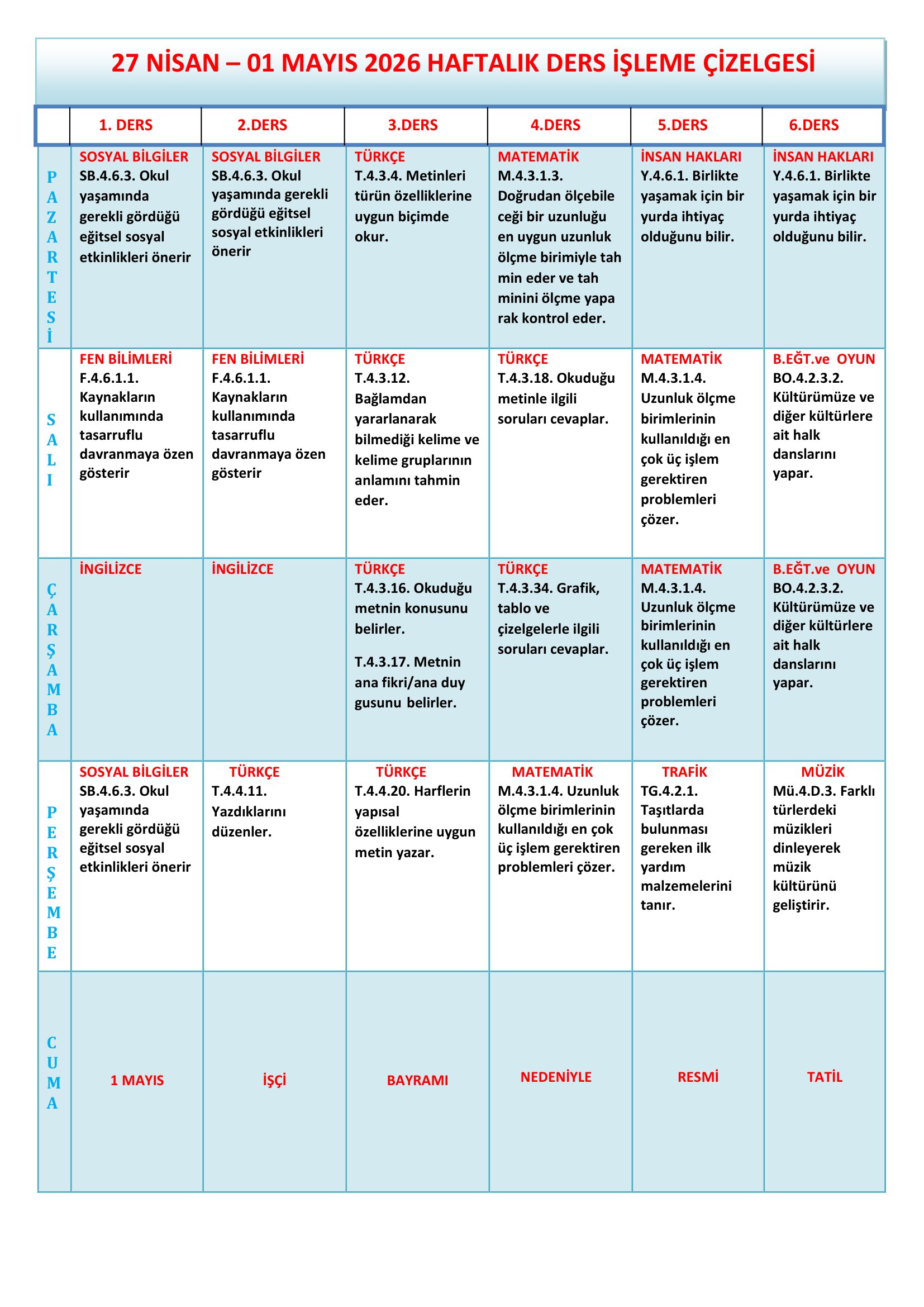 4.Sınıf 27 Nisan - 01 Mayıs 2026 Haftalık Ders İşleme Çizelgesi.doc