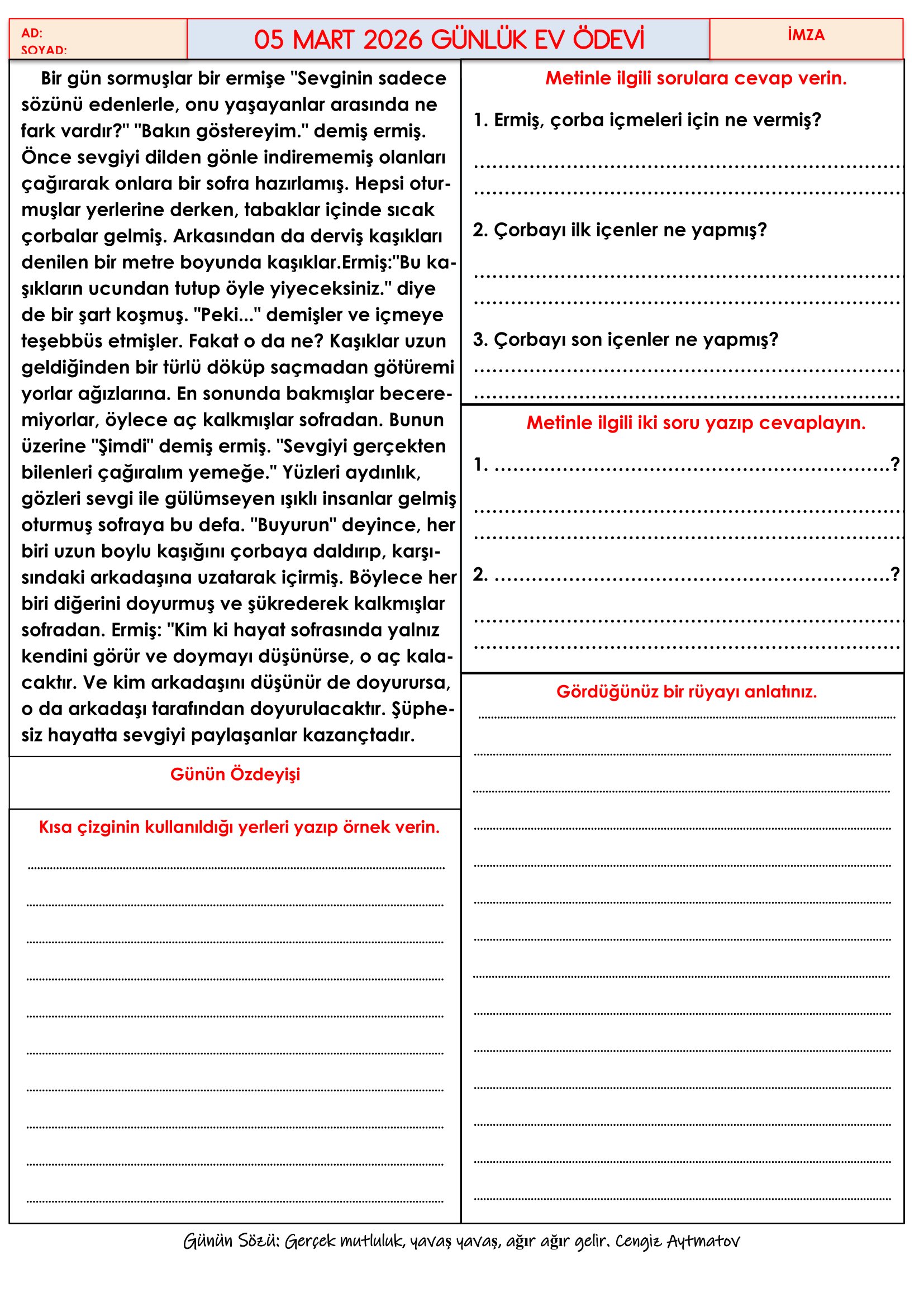 4.Sınıf - 05 Mart 2026 Günlük Ev Ödevleri