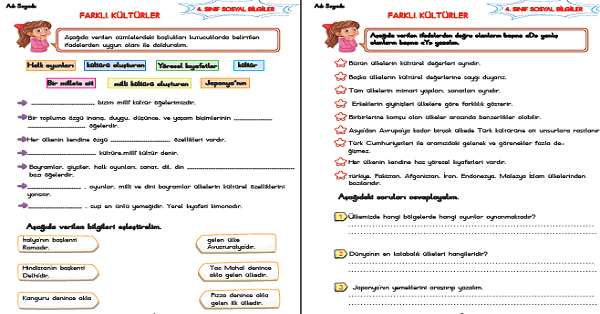 4. Sınıf Sosyal Bilgiler Farklı Kültürler Etkinliği 6