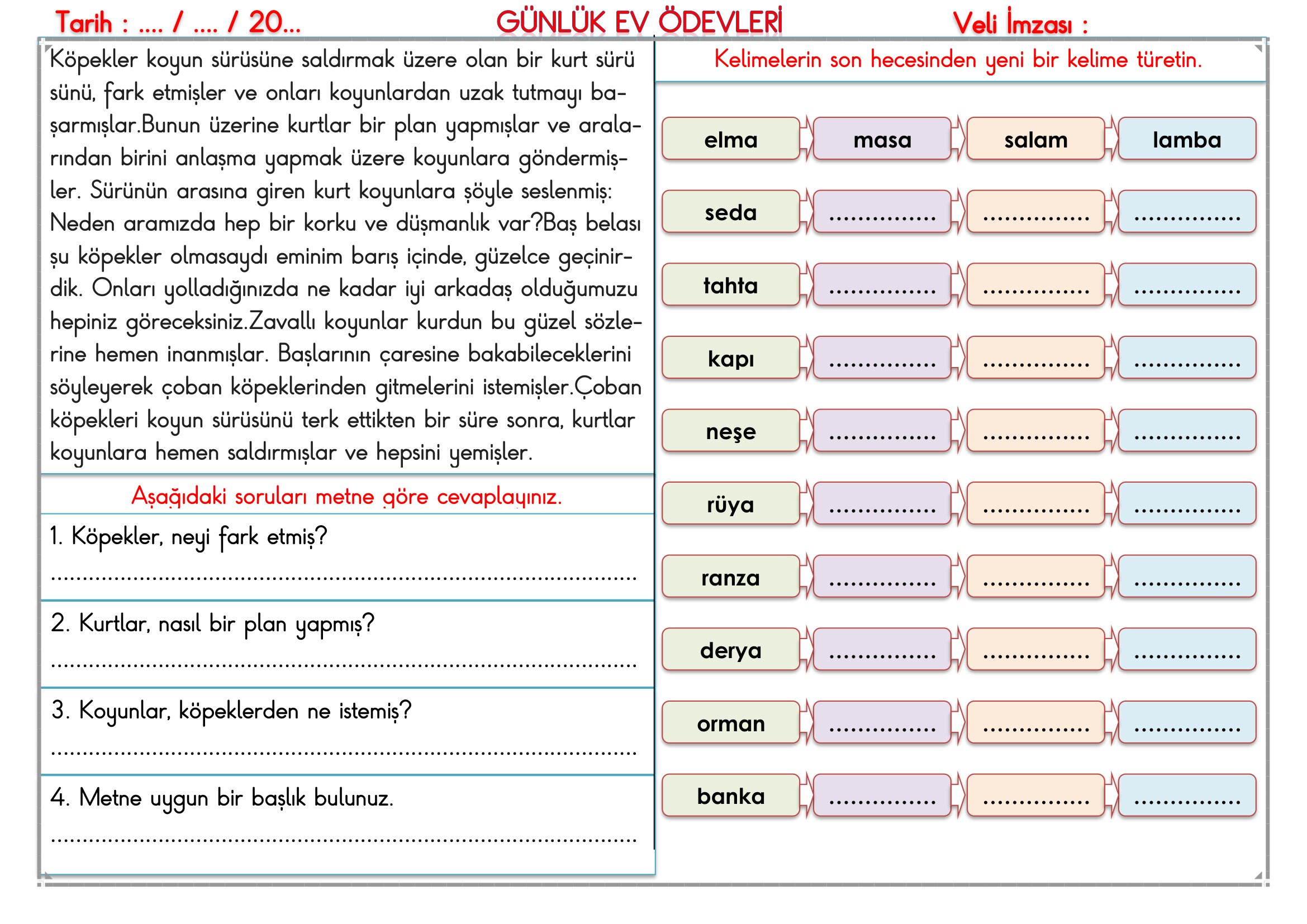 2.Sınıf - 01 Ekim 2026 Günlük Ev Ödevleri