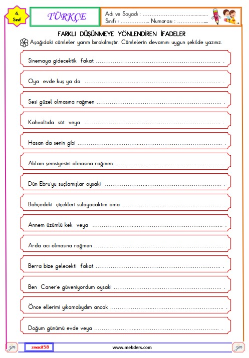 4. Sınıf Türkçe Farklı Düşünmeye Yönlendiren İfadeler Etkinliği 5