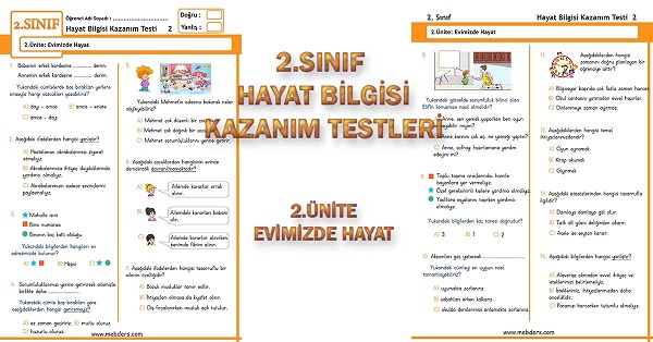 2.Sınıf Hayat Bilgisi Kazanım Testi - 2.Ünite - Evimizde Hayat