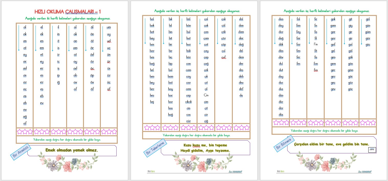 1. Sınıf Okumayı Hızlandırma Çalışması 1 (Hızlı Okuma) 6 Sayfa